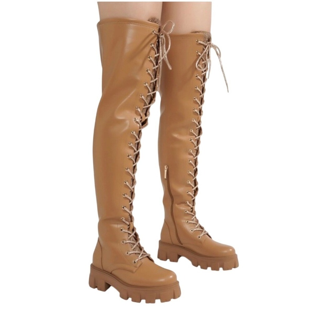 Cape Robbin Boxi Nude Over The Knee Rhinestone Lace‎ Up Lug Sole Boots Size 5